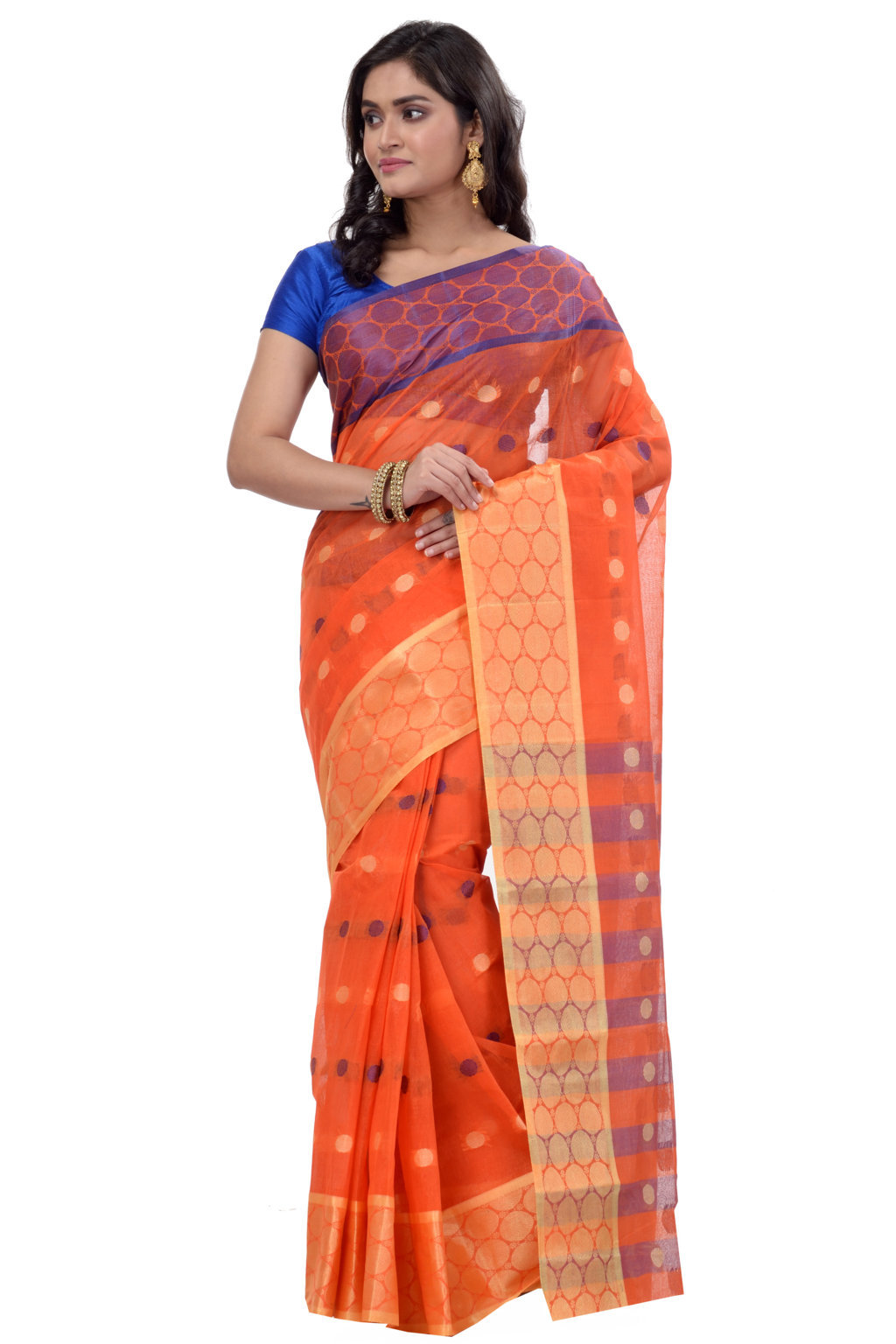 Orange Pure Cotton Ganga Jamuna Tant Saree (1864)